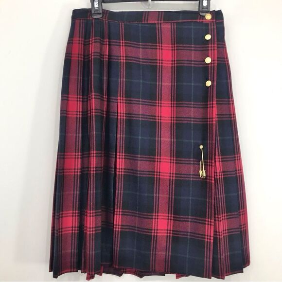 Nygard Collection Red Navy Blue Plaid Pleated Vintage Kilt Style Wool Wrap Skirt - Picture 1 of 16